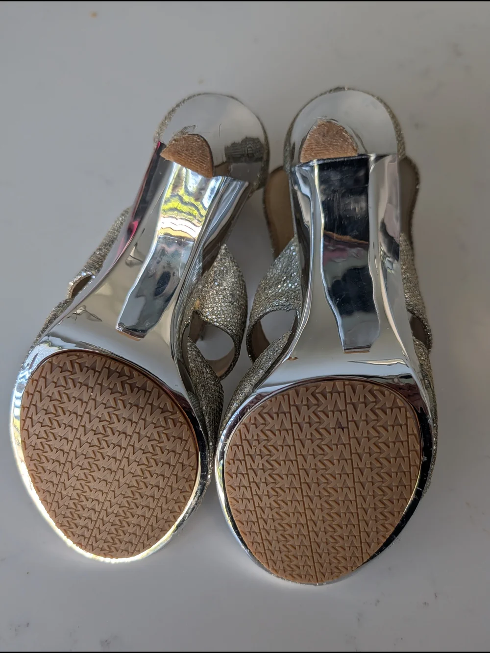 Silver And Gold Metallic Strappy High Heel Sandals - Picture 12 of 12